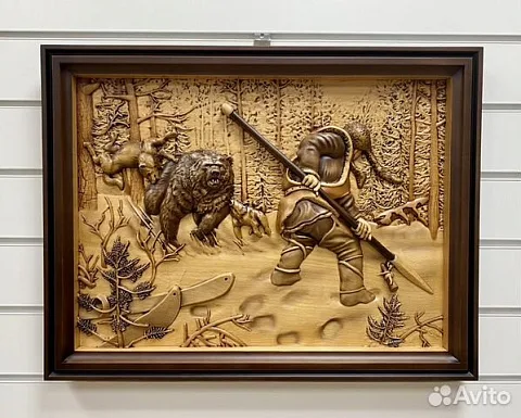 В подарок: Резная картина «Охотник» 60×46 см