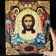 Икона на дереве "Спас с Архангелами" Ручная работа — необычный подарок — фотография 1
